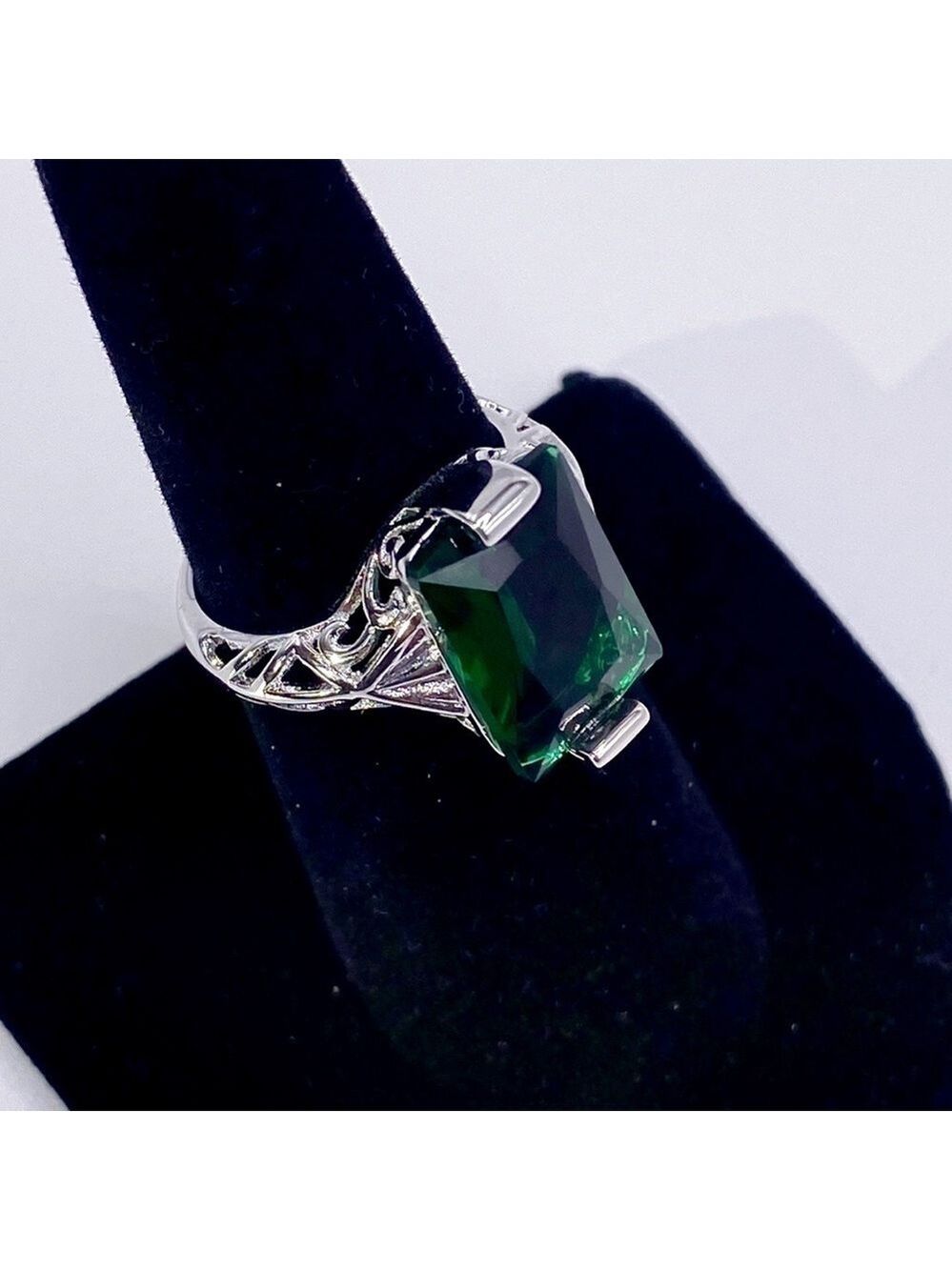 Silver Radiant Cut Fancy Deep Green Colored Ring! So Pretty! Costume Jewelry